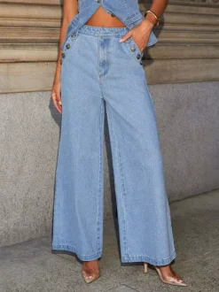 Denim Two Piece Co-ord Set Button-up Vest And Straight Jeans Summer Outfit For Women 2026
