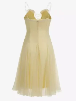 3D Floral A-Line Sheer Midi Dress For Women - Butter Yellow Fairycore V-Neck Slip Dress - Summer Beach Date Night 2026