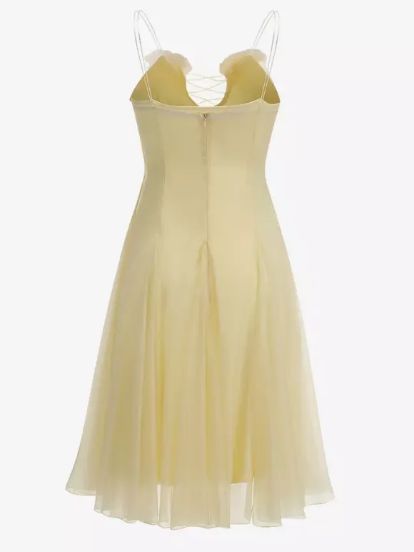 3D Floral A-Line Sheer Midi Dress For Women - Butter Yellow Fairycore V-Neck Slip Dress - Summer Beach Date Night 2026