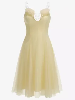 3D Floral A-Line Sheer Midi Dress For Women - Butter Yellow Fairycore V-Neck Slip Dress - Summer Beach Date Night 2026
