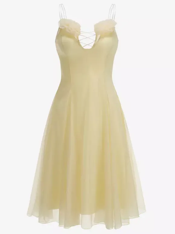 3D Floral A-Line Sheer Midi Dress For Women - Butter Yellow Fairycore V-Neck Slip Dress - Summer Beach Date Night 2026