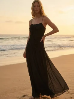 3D Floral Cami Maxi Dress for Women - Boho Rosette Bodice Flowy Spaghetti Strap Gown - Summer Beach Resort 2026