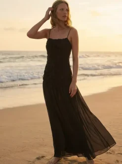 3D Floral Cami Maxi Dress for Women - Boho Rosette Bodice Flowy Spaghetti Strap Gown - Summer Beach Resort 2026