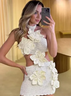 3D Flower Crochet Mini Dress Women - Boho Halter Neck Cutout Waist Knitted Bodycon Sundress - Summer Beach Vacation 2026