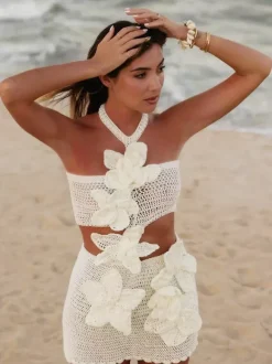 3D Flower Crochet Mini Dress Women - Boho Halter Neck Cutout Waist Knitted Bodycon Sundress - Summer Beach Vacation 2026