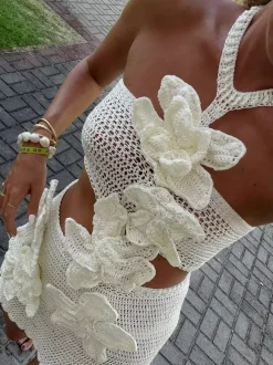 3D Flower Crochet Mini Dress Women - Boho Halter Neck Cutout Waist Knitted Bodycon Sundress - Summer Beach Vacation 2026