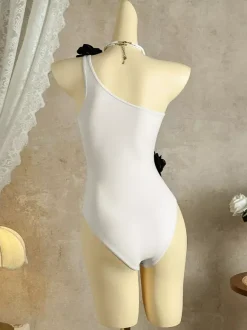 3D Flower One Shoulder Waist Cutout High Cut One Piece Monokini