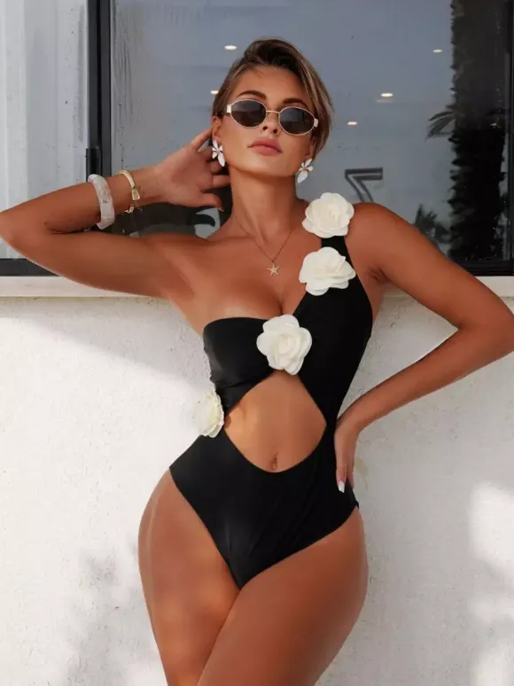 3D Flower One Shoulder Waist Cutout High Cut One Piece Monokini