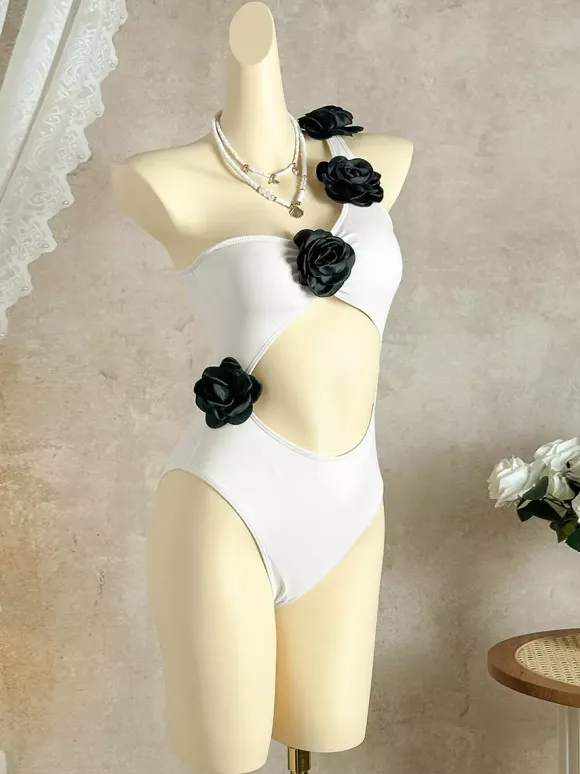 3D Flower One Shoulder Waist Cutout High Cut One Piece Monokini