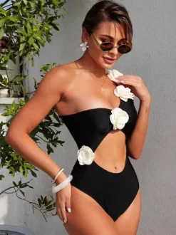3D Flower One Shoulder Waist Cutout High Cut One Piece Monokini