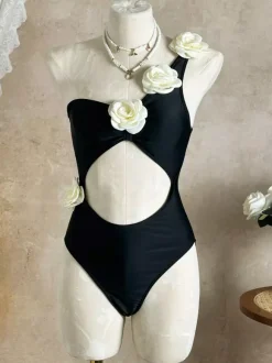 3D Flower One Shoulder Waist Cutout High Cut One Piece Monokini