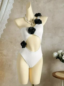 3D Flower One Shoulder Waist Cutout High Cut One Piece Monokini