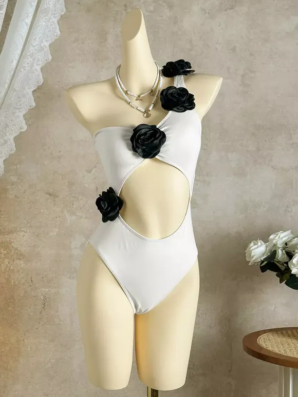 3D Flower One Shoulder Waist Cutout High Cut One Piece Monokini