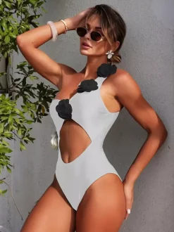 3D Flower One Shoulder Waist Cutout High Cut One Piece Monokini