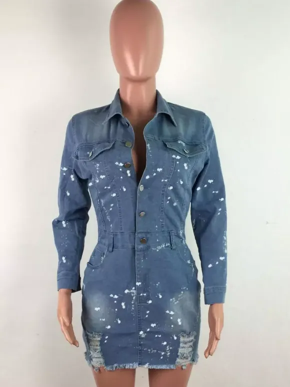 Distressed Denim Mini Dress For Women - Medium Blue Paint Splatter Bodycon Ripped Hem Jean Dress - Spring Night Out 2026