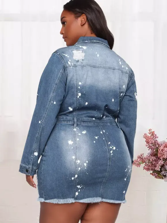 Distressed Denim Mini Dress For Women - Medium Blue Paint Splatter Bodycon Ripped Hem Jean Dress - Spring Night Out 2026