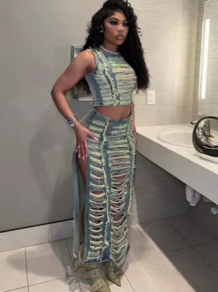 Distressed Denim 2 Piece Set For Women - Vintage Washed Ripped Maxi Slit Skirt And Crop Top - Summer Festival Party Wear 2026