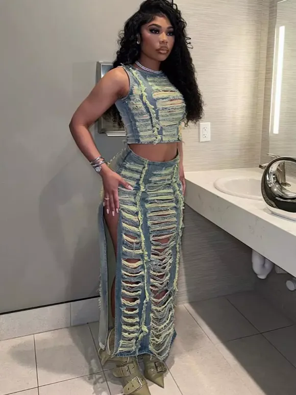 Distressed Denim 2 Piece Set For Women - Vintage Washed Ripped Maxi Slit Skirt And Crop Top - Summer Festival Party Wear 2026