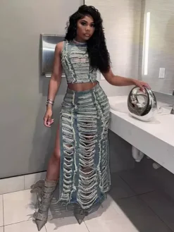 Distressed Denim 2 Piece Set For Women - Vintage Washed Ripped Maxi Slit Skirt And Crop Top - Summer Festival Party Wear 2026