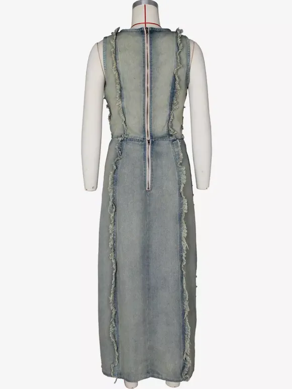 Distressed Denim 2 Piece Set For Women - Vintage Washed Ripped Maxi Slit Skirt And Crop Top - Summer Festival Party Wear 2026
