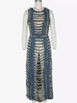 Distressed Denim 2 Piece Set For Women - Vintage Washed Ripped Maxi Slit Skirt And Crop Top - Summer Festival Party Wear 2026