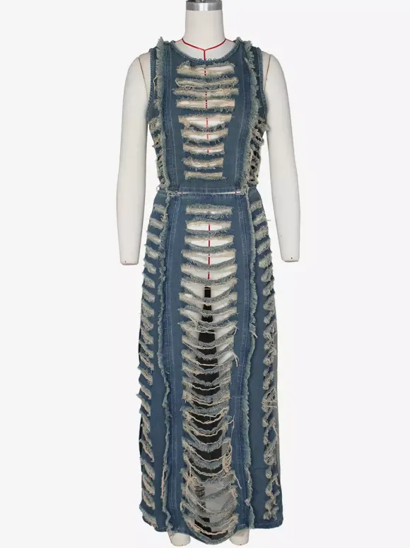 Distressed Denim 2 Piece Set For Women - Vintage Washed Ripped Maxi Slit Skirt And Crop Top - Summer Festival Party Wear 2026