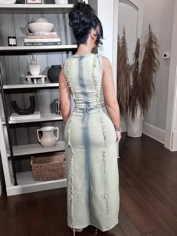 Distressed Denim 2 Piece Set For Women - Vintage Washed Ripped Maxi Slit Skirt And Crop Top - Summer Festival Party Wear 2026