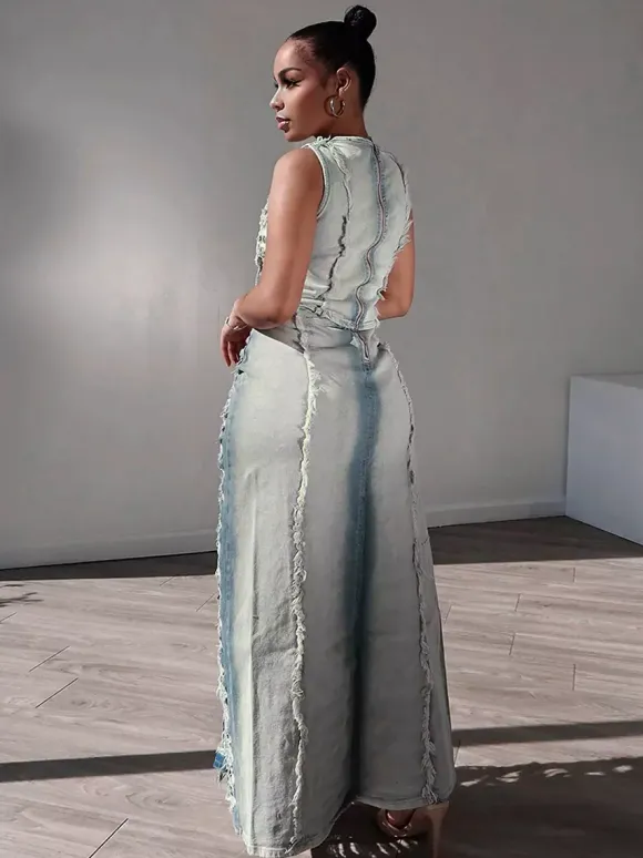 Distressed Denim 2 Piece Set For Women - Vintage Washed Ripped Maxi Slit Skirt And Crop Top - Summer Festival Party Wear 2026