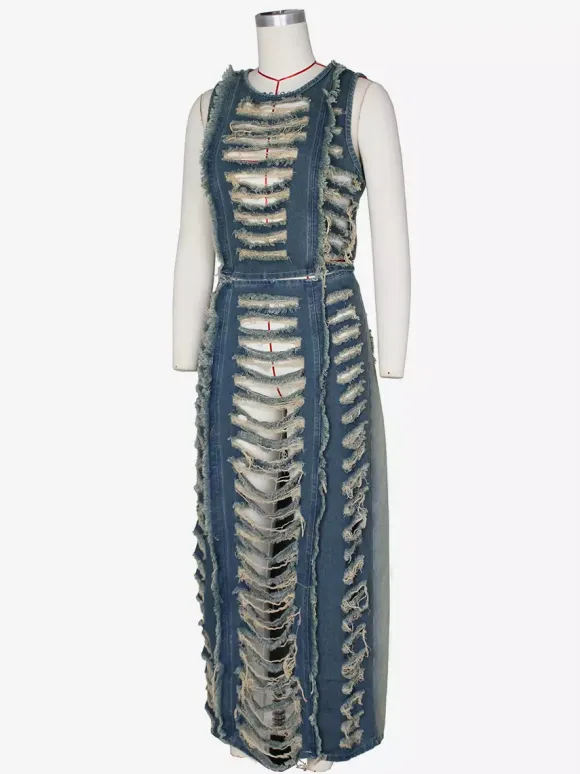 Distressed Denim 2 Piece Set For Women - Vintage Washed Ripped Maxi Slit Skirt And Crop Top - Summer Festival Party Wear 2026