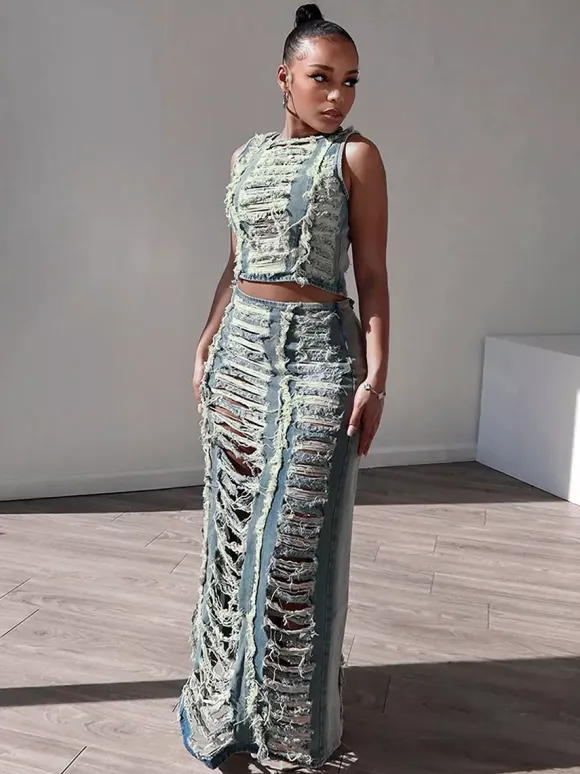 Distressed Denim 2 Piece Set For Women - Vintage Washed Ripped Maxi Slit Skirt And Crop Top - Summer Festival Party Wear 2026