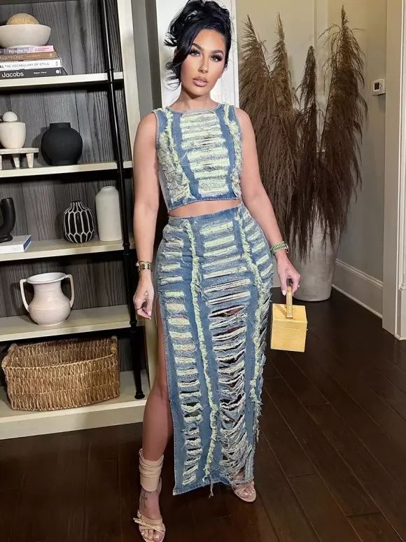 Distressed Denim 2 Piece Set For Women - Vintage Washed Ripped Maxi Slit Skirt And Crop Top - Summer Festival Party Wear 2026