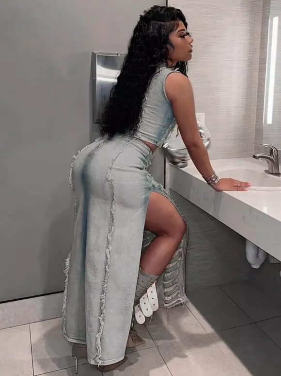Distressed Denim 2 Piece Set For Women - Vintage Washed Ripped Maxi Slit Skirt And Crop Top - Summer Festival Party Wear 2026