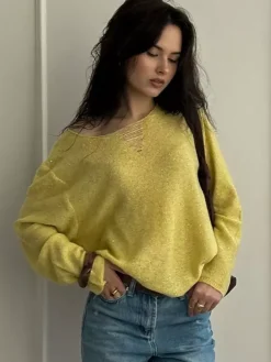 Distressed Neck Knit Pullover Sweater With Sequins For Women 2026