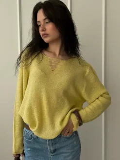 Distressed Neck Knit Pullover Sweater With Sequins For Women 2026