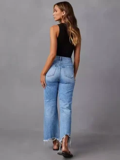 Distressed Wide Leg Jeans For Women - Light Blue High Waist Raw Hem Relaxed Fit Denim Pants - Spring Casual Streetwear 2026
