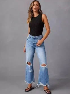 Distressed Wide Leg Jeans For Women - Light Blue High Waist Raw Hem Relaxed Fit Denim Pants - Spring Casual Streetwear 2026