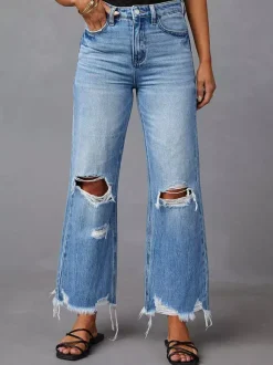 Distressed Wide Leg Jeans For Women - Light Blue High Waist Raw Hem Relaxed Fit Denim Pants - Spring Casual Streetwear 2026