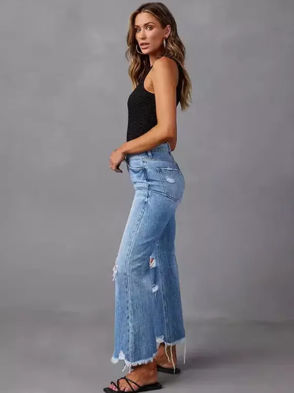 Distressed Wide Leg Jeans For Women - Light Blue High Waist Raw Hem Relaxed Fit Denim Pants - Spring Casual Streetwear 2026