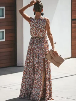 Ditsy Floral Maxi Dress for Women - Brick Red Sleeveless Side Slit V Neck Sundress - Summer Beach Resort Wear 2026