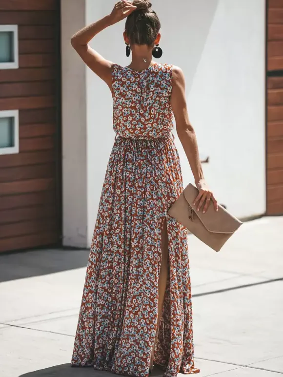Ditsy Floral Maxi Dress for Women - Brick Red Sleeveless Side Slit V Neck Sundress - Summer Beach Resort Wear 2026