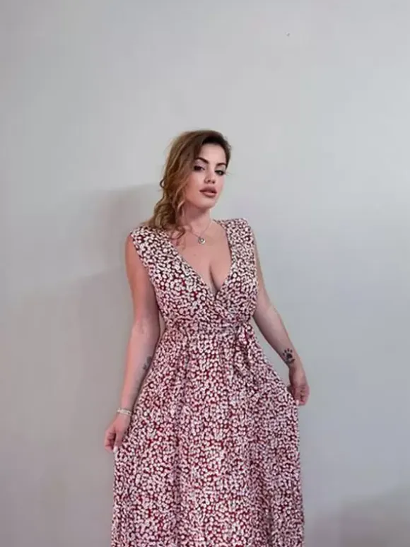 Ditsy Floral Maxi Dress for Women - Brick Red Sleeveless Side Slit V Neck Sundress - Summer Beach Resort Wear 2026