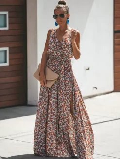 Ditsy Floral Maxi Dress for Women - Brick Red Sleeveless Side Slit V Neck Sundress - Summer Beach Resort Wear 2026