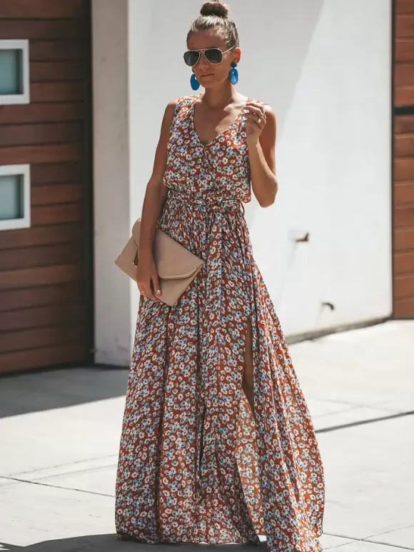 Ditsy Floral Maxi Dress for Women - Brick Red Sleeveless Side Slit V Neck Sundress - Summer Beach Resort Wear 2026