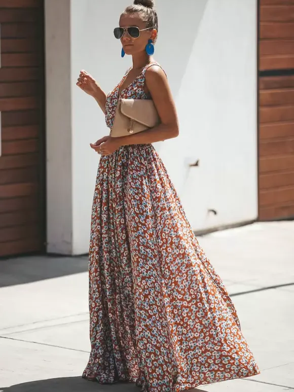 Ditsy Floral Maxi Dress for Women - Brick Red Sleeveless Side Slit V Neck Sundress - Summer Beach Resort Wear 2026