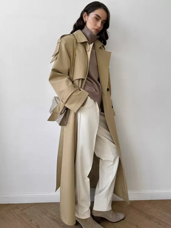 Double Breasted Trench Coat For Women - Belted Classic Longline Overcoat - Spring Chic Office-to-dinner Outerwear 2026