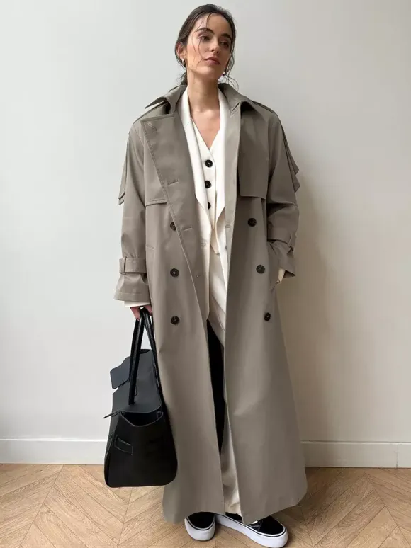 Double Breasted Trench Coat For Women - Belted Classic Longline Overcoat - Spring Chic Office-to-dinner Outerwear 2026