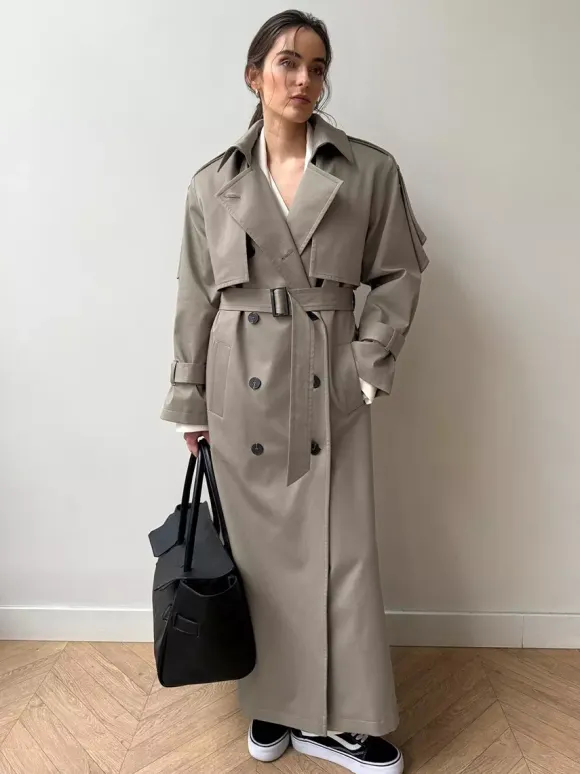 Double Breasted Trench Coat For Women - Belted Classic Longline Overcoat - Spring Chic Office-to-dinner Outerwear 2026