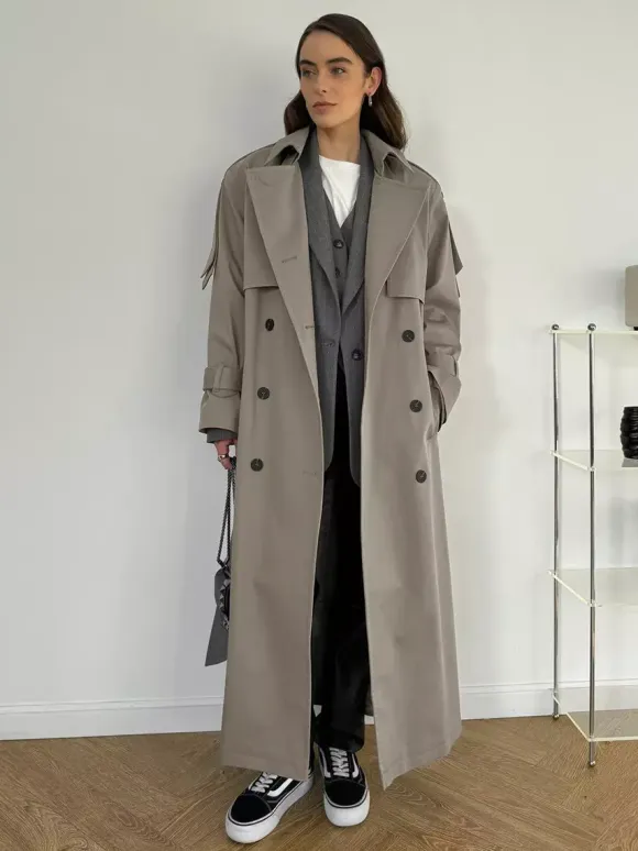 Double Breasted Trench Coat For Women - Belted Classic Longline Overcoat - Spring Chic Office-to-dinner Outerwear 2026