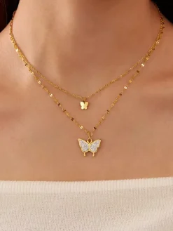 Double Layer Gold Butterfly Necklace For Women 2026