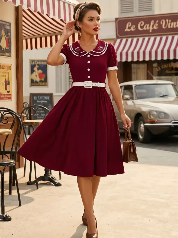 Double Layer Peter Pan Collar Embroidery Puff Sleeve Swing Dress For Women 2026